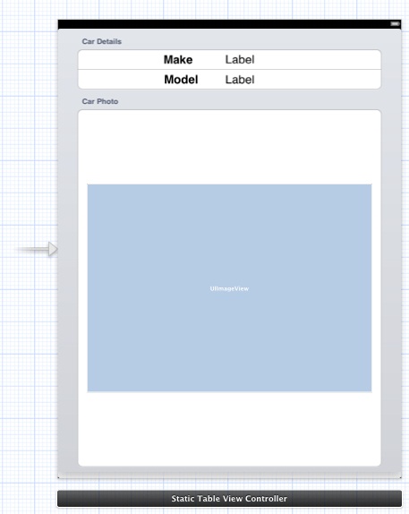 The UI of an example iPad iOS 5 static storyboard table view