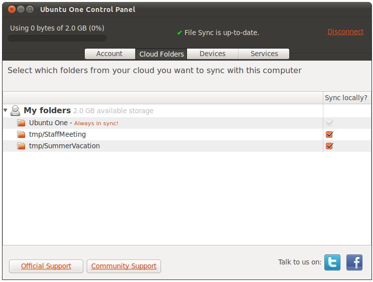Ubuntu One Control Panel cloud folders tab