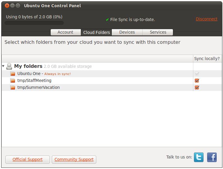 Ubuntu One Control Panel cloud folders tab