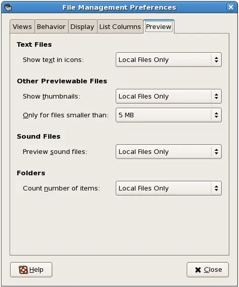 RHEL Nautilus File Manager Preview Preferences