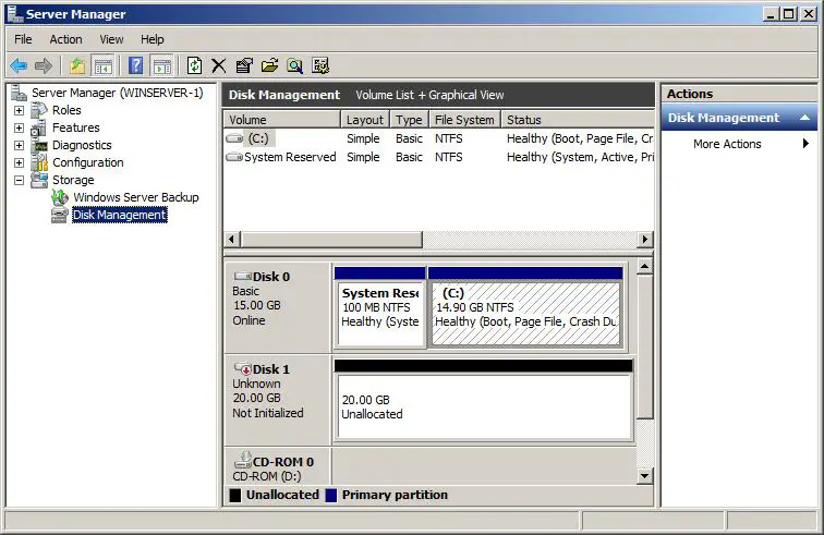 создание нового раздела, расположенного в Windows Server 2008