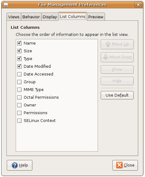 Configuring the columns to be displayed in file manager list