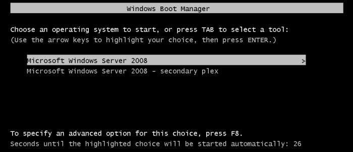 The Windows Server 2008 boot menu with system mirror listed as secondary plex