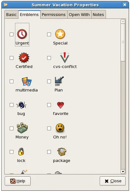 The Emblems screen of the CentOS file and folder properties dialog