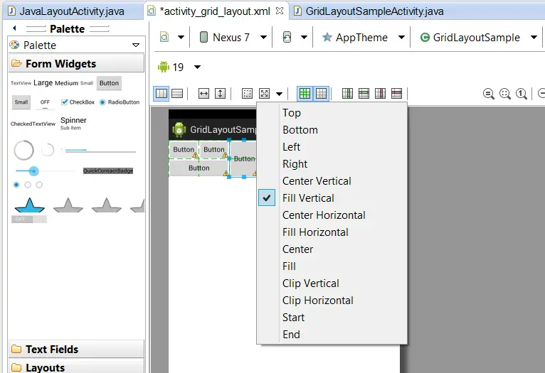 The Eclipse Android layout editor Gravity menu