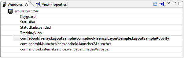 The Android Hierarchy Viewer listing running Activities