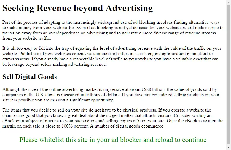 An example of truncated content displayed to ad blocking visitor