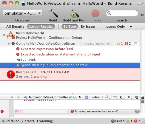 The Xcode Build Report window indicated problems building an iOS 4 iPhone app