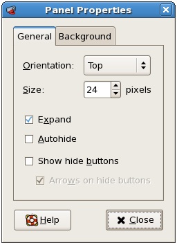 The RHEL GNOME panel properties dialog