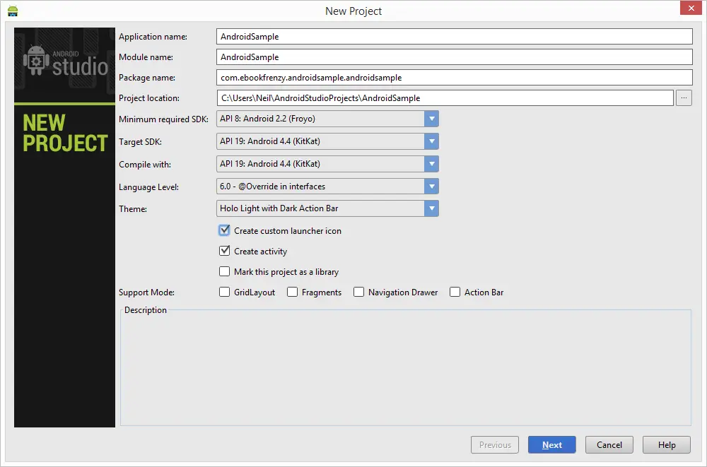 The Android Studio new project wizard ready for next screen