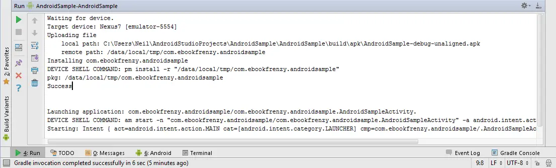 The Android Studio Run tool window