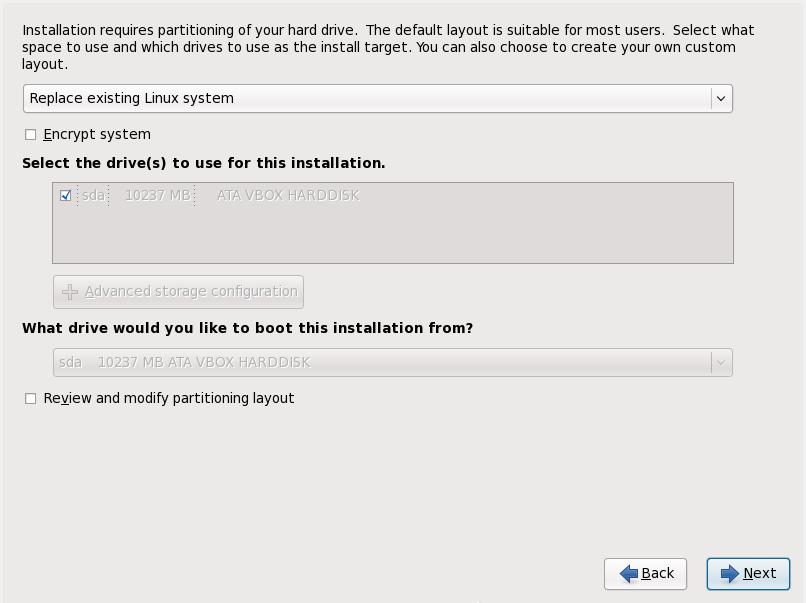 Configuring the disk partition for a Fedora installation