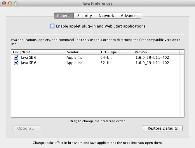 The Mac OS X Java Preferences dialog