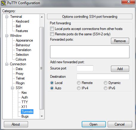 Configuring a PuTTY SHH tunnel