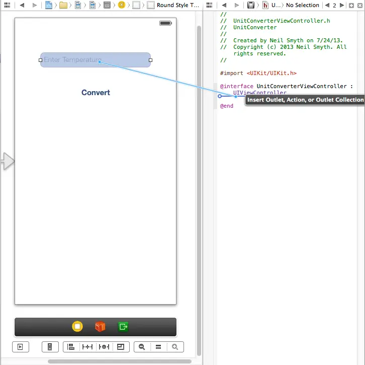 Working with the Assistant Editor to establish an outlet in Xcode 5