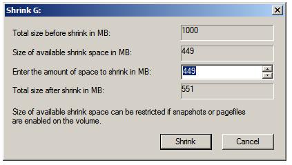 Shrinking a Windows Server 2008 R2 volume