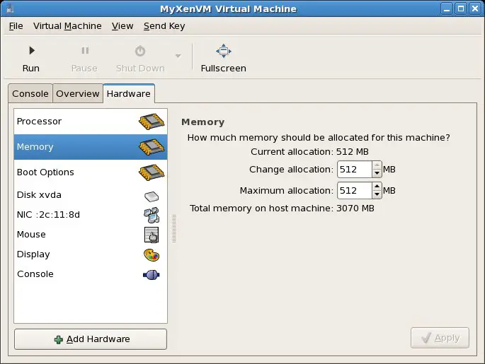 Configuring the memory settings for a CentOS based Xen virtual machine