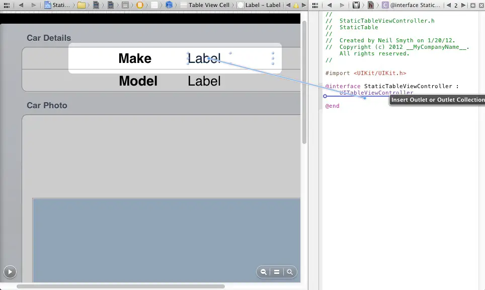 Establishing an outlet connection usingteh Xcode assistant editor