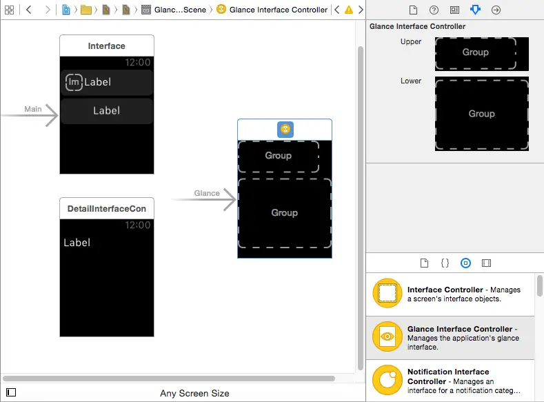 A Glance Controller added to a WatchKit storyboard