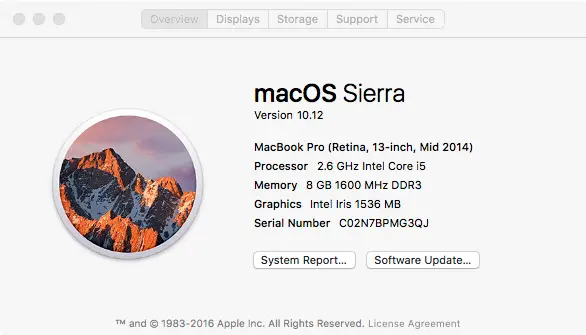 The macOS Sierra About dialog