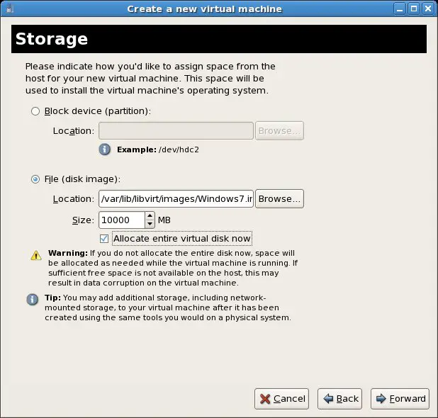 Configuring storage for a new KVM virtual machine