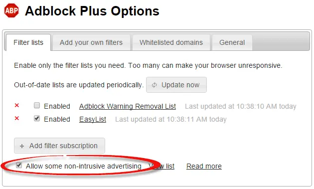 Enabling acceptable ads in AdBlock Plus