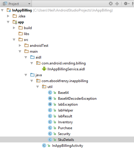 The hierarchy of a fully configured Android Studio in app billing project