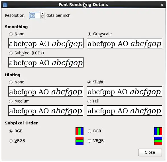 The RHEL 6 font rendering selections