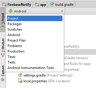 Switching the Android Studio Project tool window to Project mode