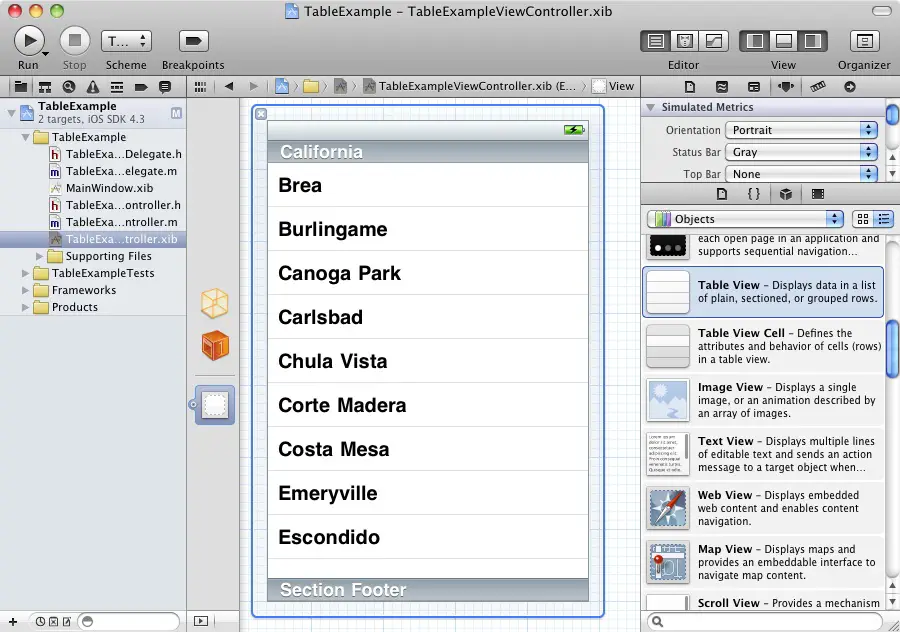 A table view added to a user interface in Xcode 4