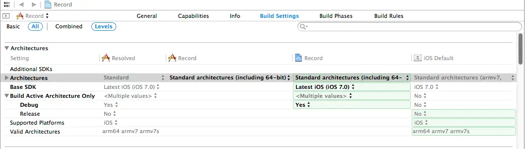 Configuring the build architecture in Xcode 5