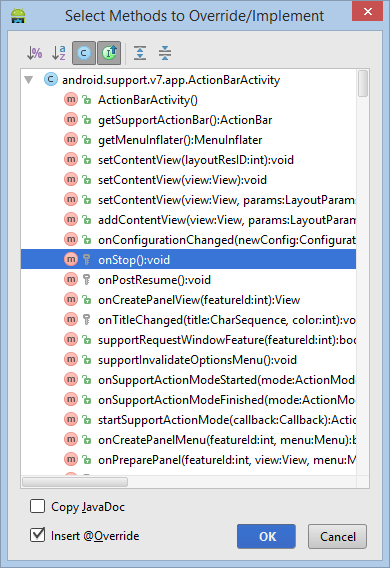 Selecting an override method from the Android Studio code generation list