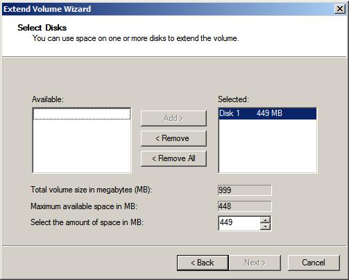 Extending a Windows Server 2008 R2 volume
