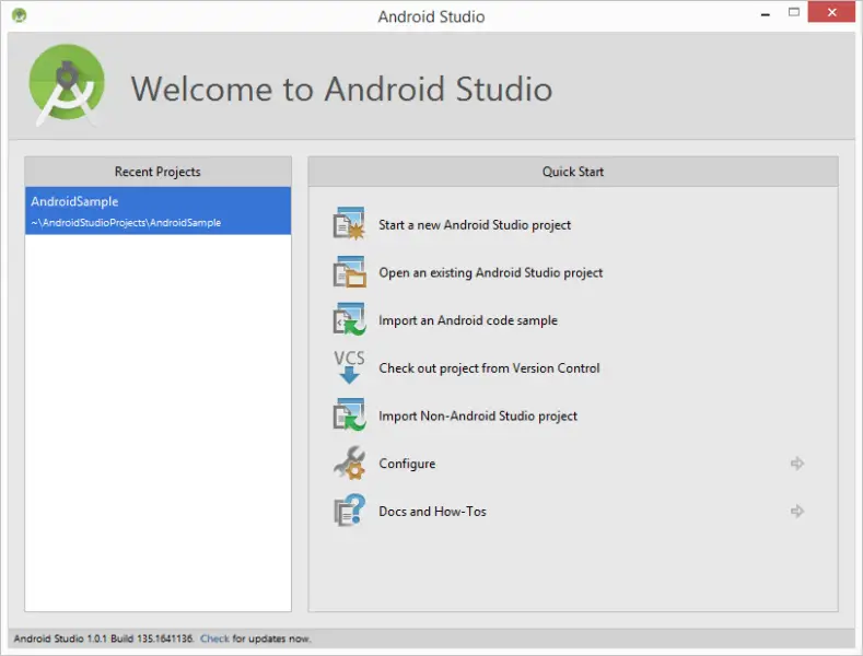 File:Android studio welcome screen one proj2.png